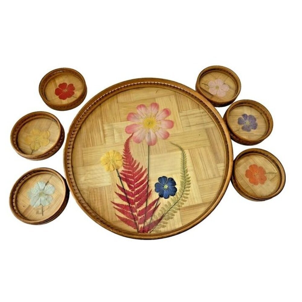 Vintage Round Bamboo Serving Tray Butterfly Flower with Coasters Set of 7 Taiwan